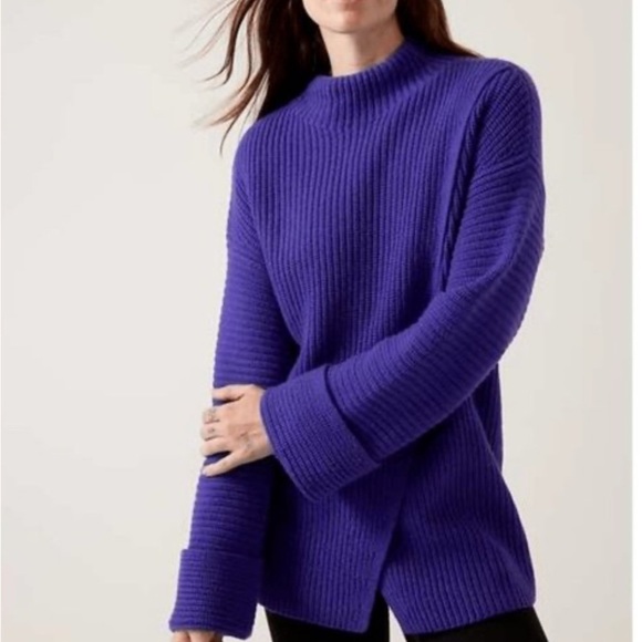 Athleta Sz M  Wool Cashmere Azalea Sweater, Noble Blue Mock-Neck Sweater NWT - Picture 1 of 13